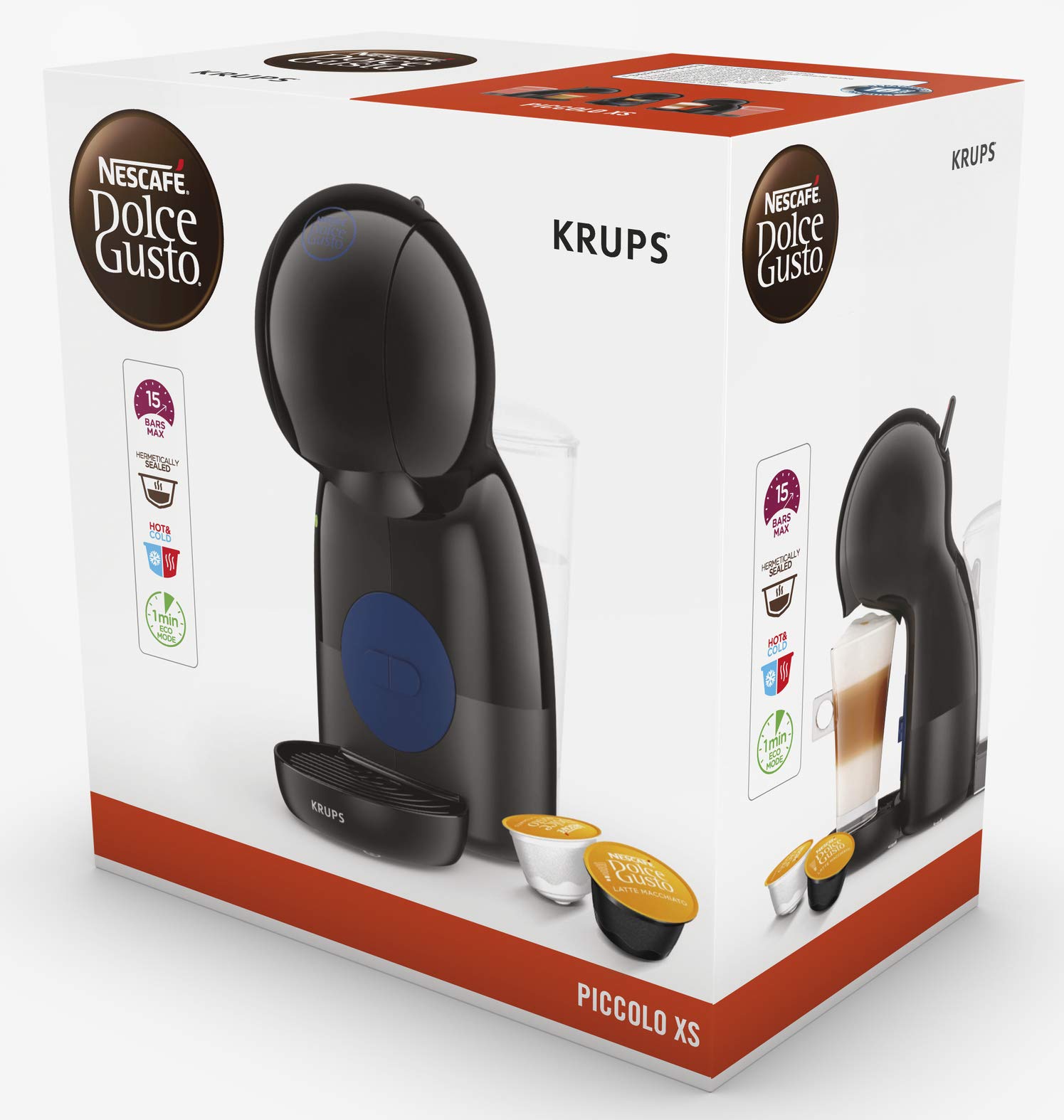 Krups Piccolo KP1A05 Nestlé Dolce Gusto 15 Bars et Machine à Café à Capsules de 1500 W avec Réservoir de 0,8 l, Dosettes Unidoses Multi-Boissons Chaudes et Froides, Rouge/Noire