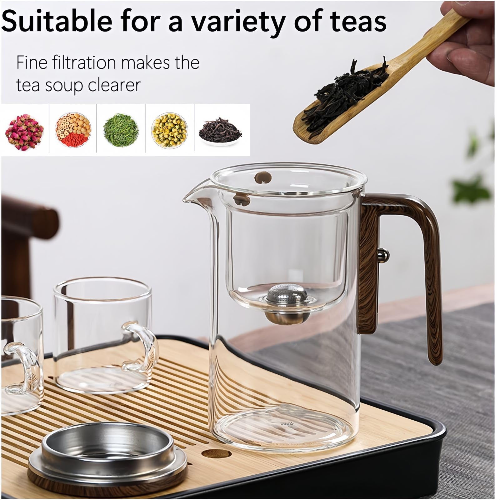 ThéIèRe En Verre Avec SéParation D'Eau Et Manche En Bois, ThéIèRe En Verre Avec Infuseur à Pression, ThéIèRe En Verre Transparent, Pour Thé En Fleurs Et Thé En Feuilles (700ML)
