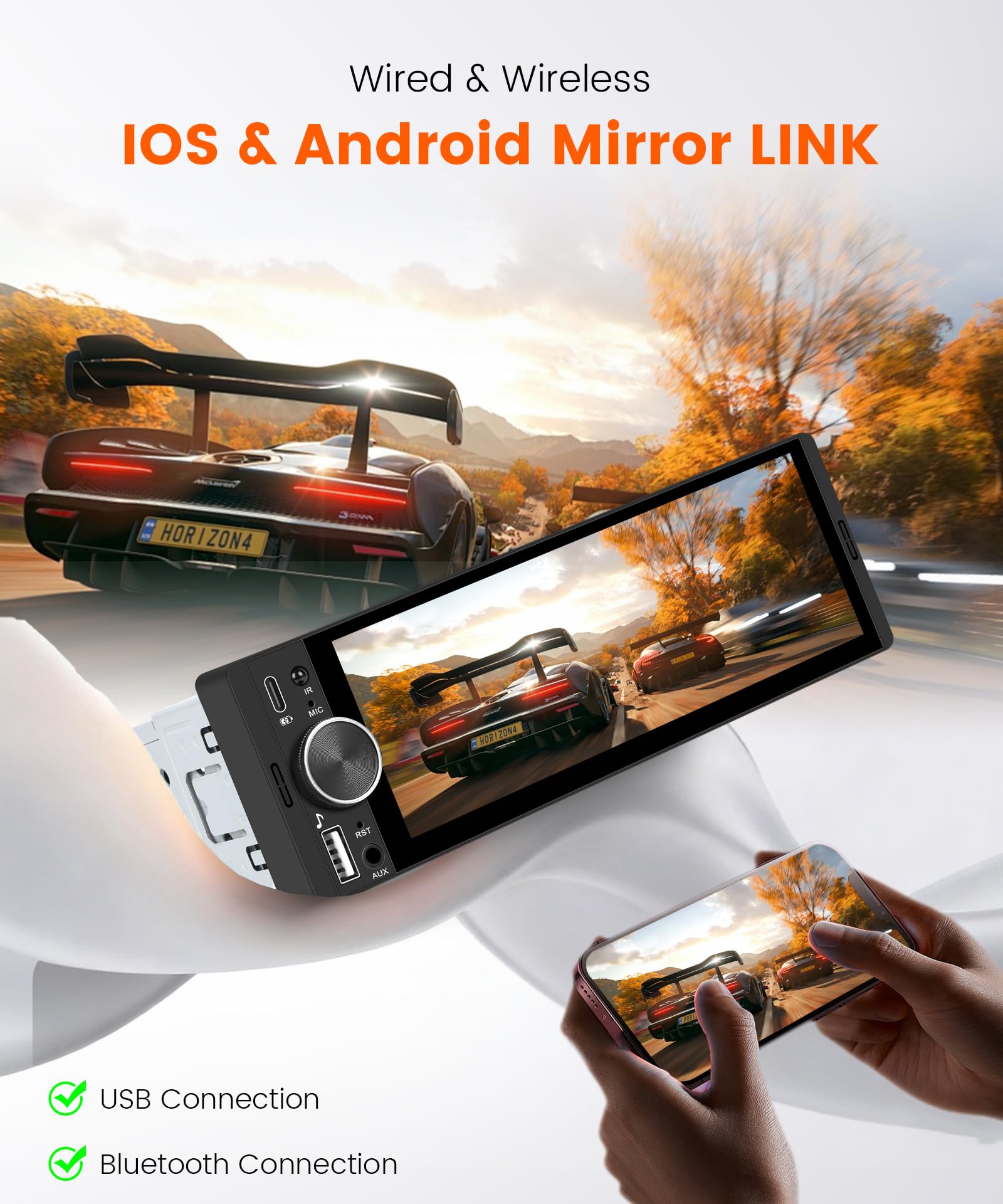 Rimoody Autoradio 1 DIN con Carplay e Android Auto Wireless - Schermo 6.28 Pollici, Bluetooth 5.2, Mirror Link, Comandi al Volante, Telecamera Posteriore per Auto