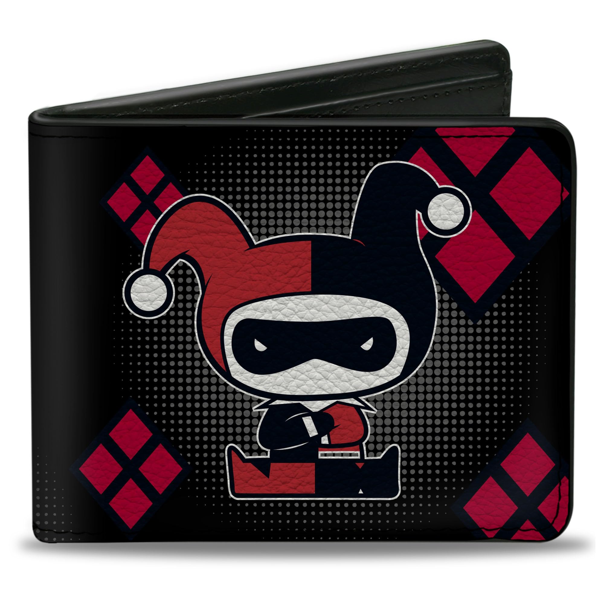 Buckle-Down PU Bifold Wallet - Chibi Harley Quinn Splits Dots/Diamonds Black/Gray/Red