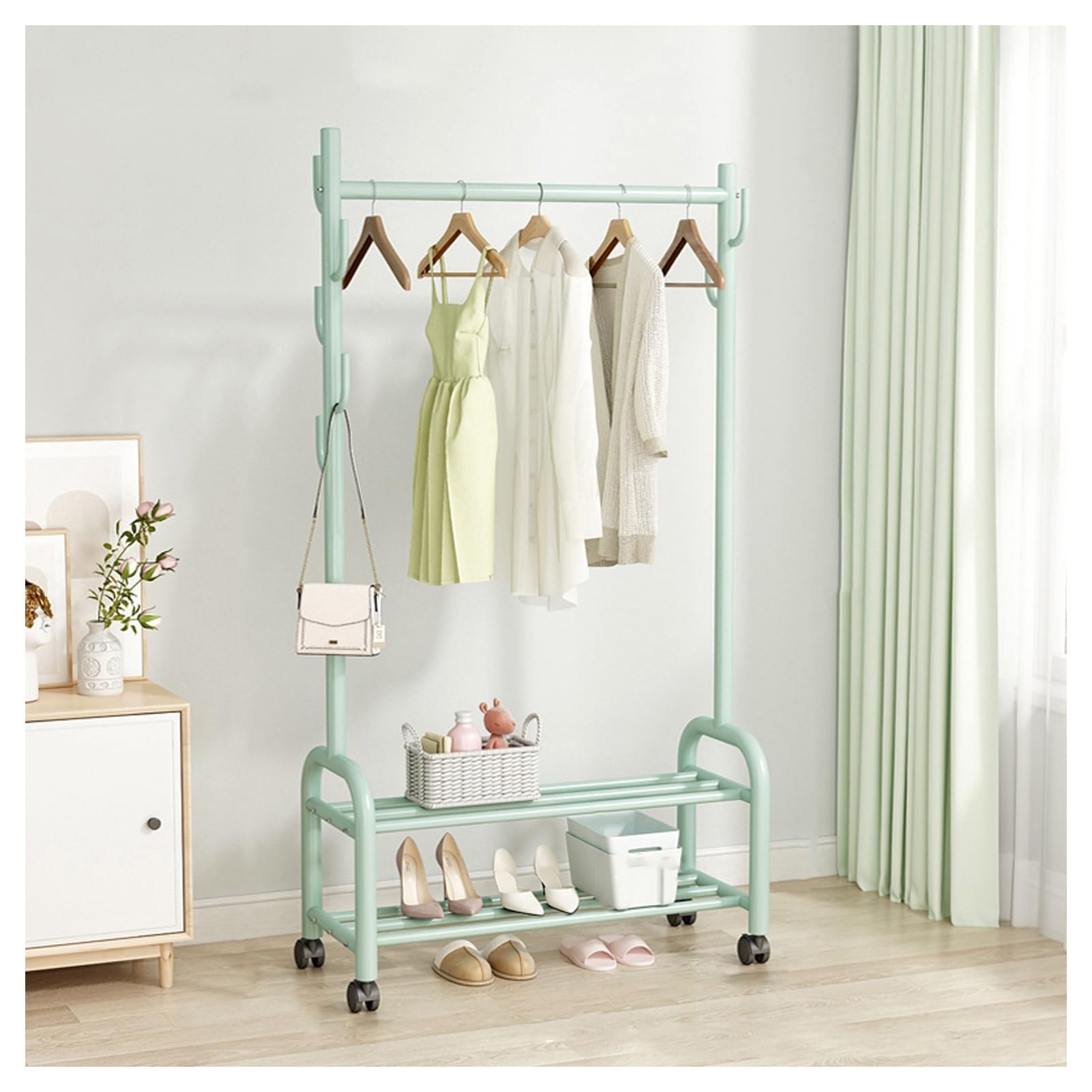 Aycdl Green Metal Clothing Rack With 2-Tier Storage Shelves Heavy-Duty Rolling Garment Stand With 7 Hooks For Basement Attic Entryway Bedroom Max Load 100Kg,-60Cm