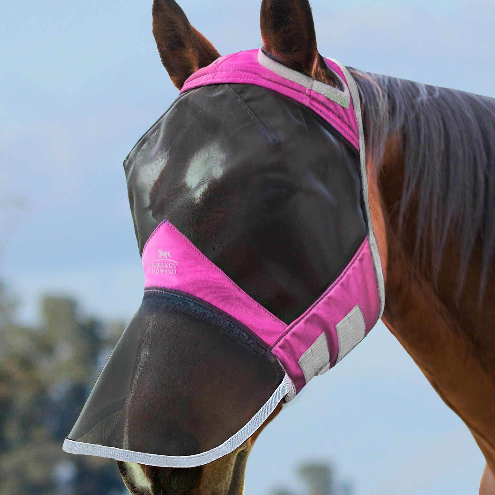 Harrison Howard CareMaster Pro Luminous Horse Fly Mask Large Eye Space Full Face Standard with Nose No Ears Flamingo Full Size