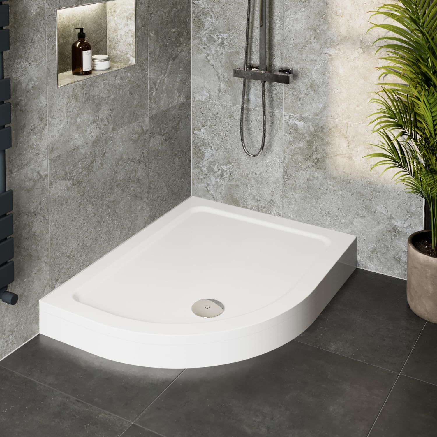 Hydrolux® 1200 x 800 x 140mm White Bathroom Shower Tray for Enclosures Cubicles & Wet Room with Chrome Waste + Riser Kit, Offset Quadrant Left Hand