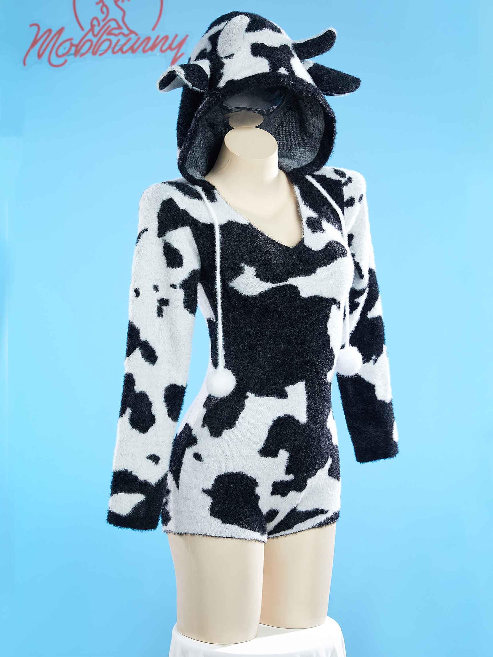 Mobbunny Women's Fuzzy Knit Sweater Pajamas Cute Cow Print Jumpsuit Fluffy Hooded Romper Bodysuit Onesies Pajamas Adult: Large Black