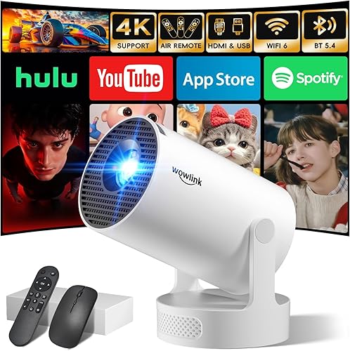 [Aplicaciones integradas y actualizadas en 2026] Mini proyector con WiFi 6 y Bluetooth 5.4 compatible con 4K 1080P Auto Keystone Proyector giratorio
