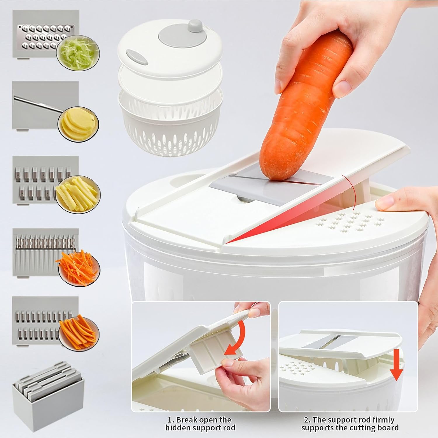 10-in-1 Vegetable Chopper with Drain Basket, Multi-Functional Mandoline Slicer, Food Cutter with Interchangeable Blades