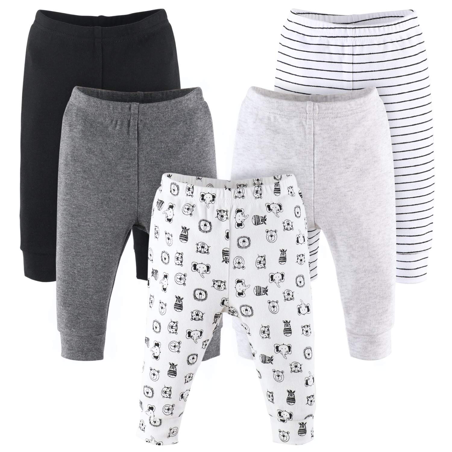 The Peanutshell 5 Pack Baby Boy or Girl Pants Set - 100% Cotton Toddler & Baby Pants, 0-24 Months - Safari Animals