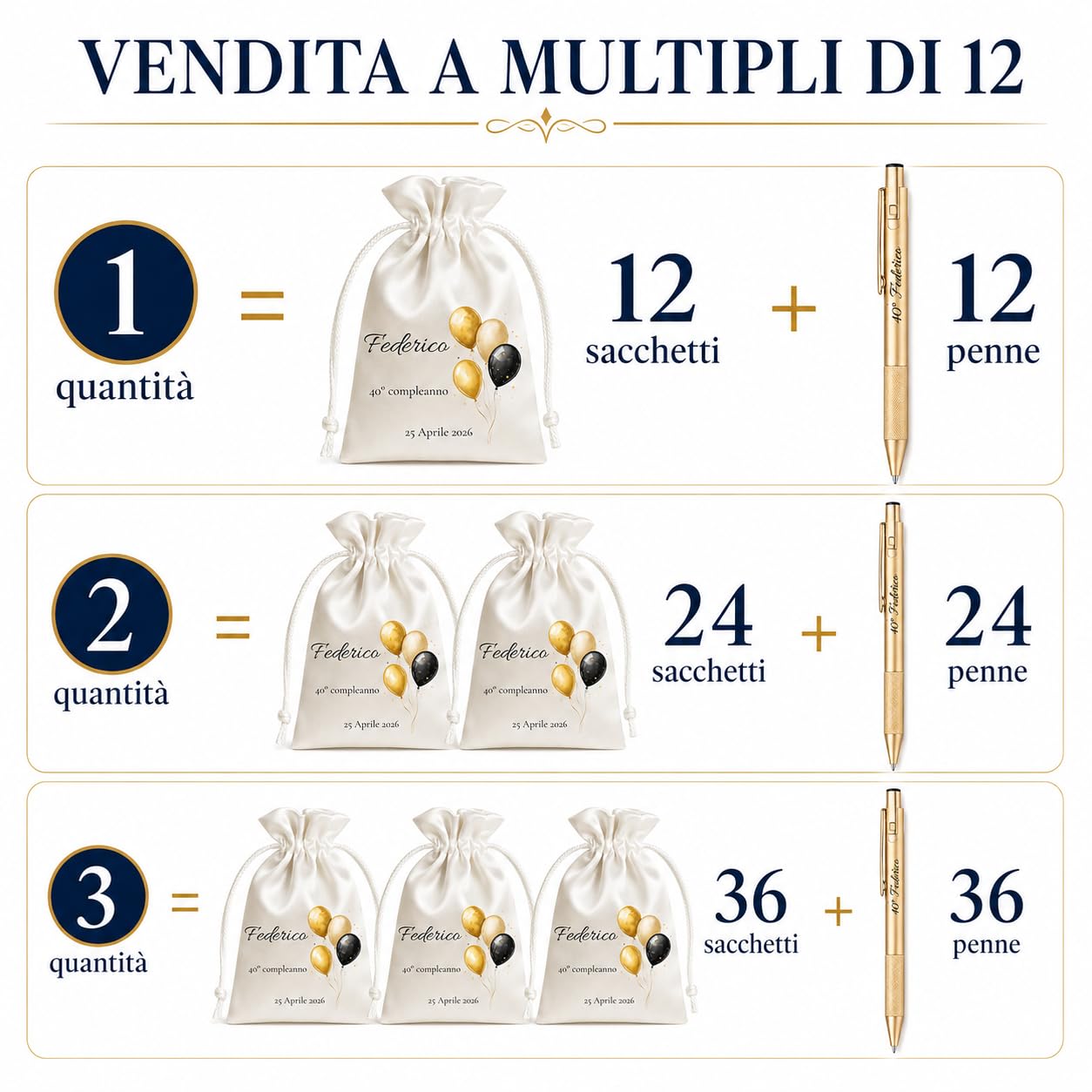 Cormar Kit 12 Sacchetti e 12 Penne Personalizzati Compleanno (STILE 1) | Venduti a Multipli di 12, Pronti da Regalare, Palloncini Oro e Nero, Sacchetto in Raso, Penna Dorata Inclusa