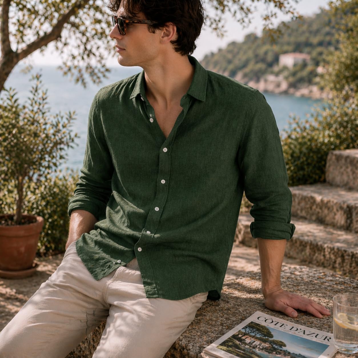 Camicia a Righe da Uomo, 100% Lino, Manica Lunga, vestibilità Regular/Slim, Stile Casual ed Elegante, Traspirante per l’Estate.