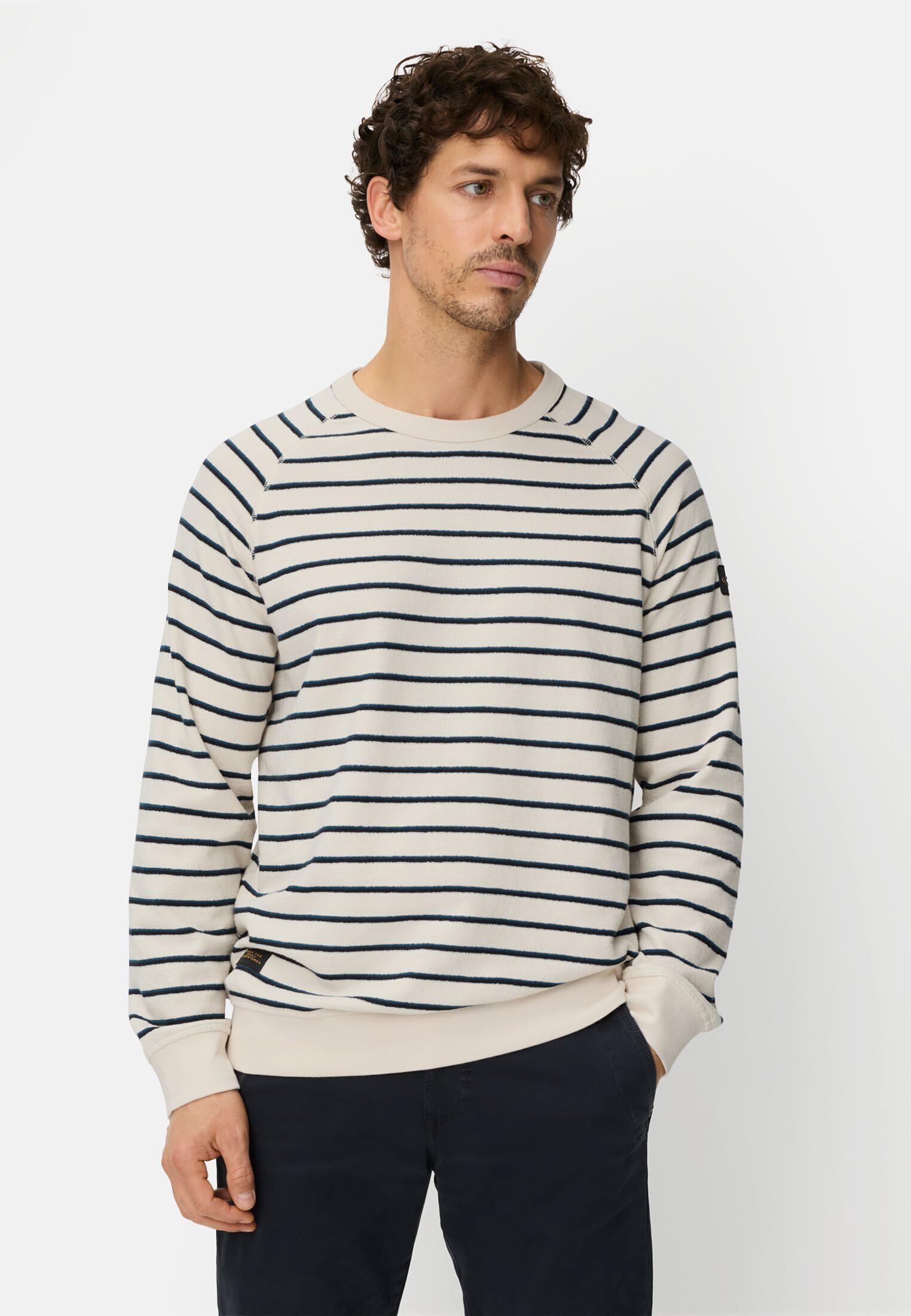 camel active Herren Sweatshirt mit Rundhals | gestreiftes Shirt aus reiner Baumwolle im Regular Fit für Alltag und Freizeit