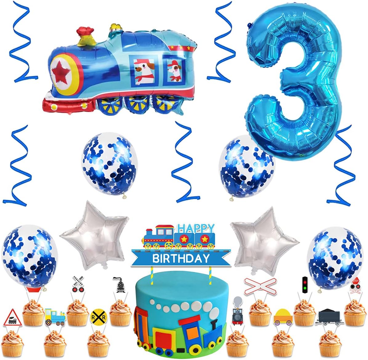 3rd Birthday Train Balloons - Giant Aluminum Foil Balloon Number 3 Mylar for Railroad Party - Blue image 4