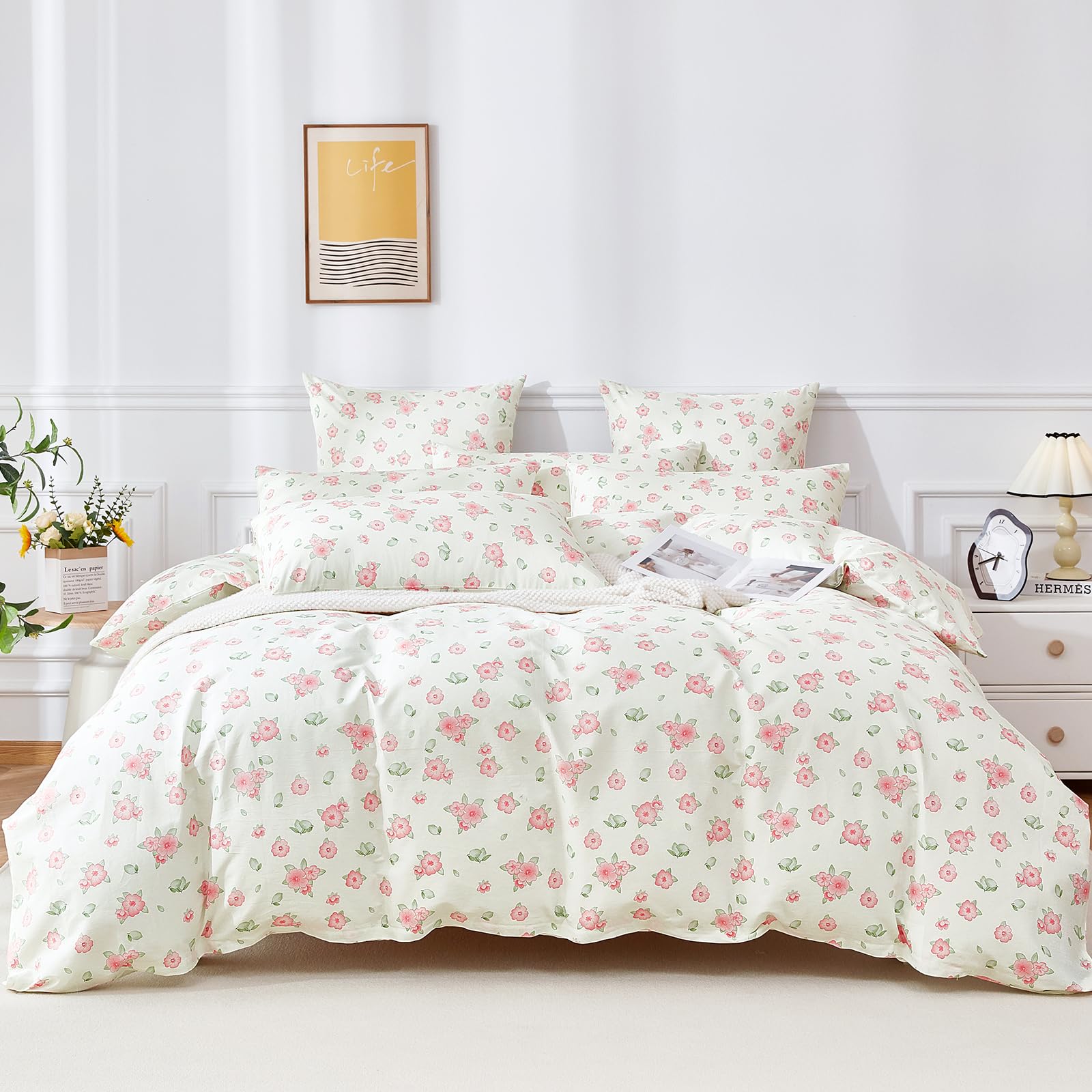 Biancheria da letto con fiori, 220 x 240 cm, in cotone rosa, motivo floreale, morbida, traspirante, 3 pezzi, per ragazze con chiusura lampo e 2 federe da 80 x 80 cm