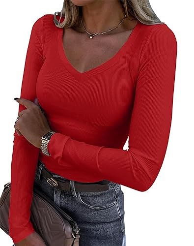 Roselux Womens Long Sleeve V Neck Ribbed Knit Fitted Casual