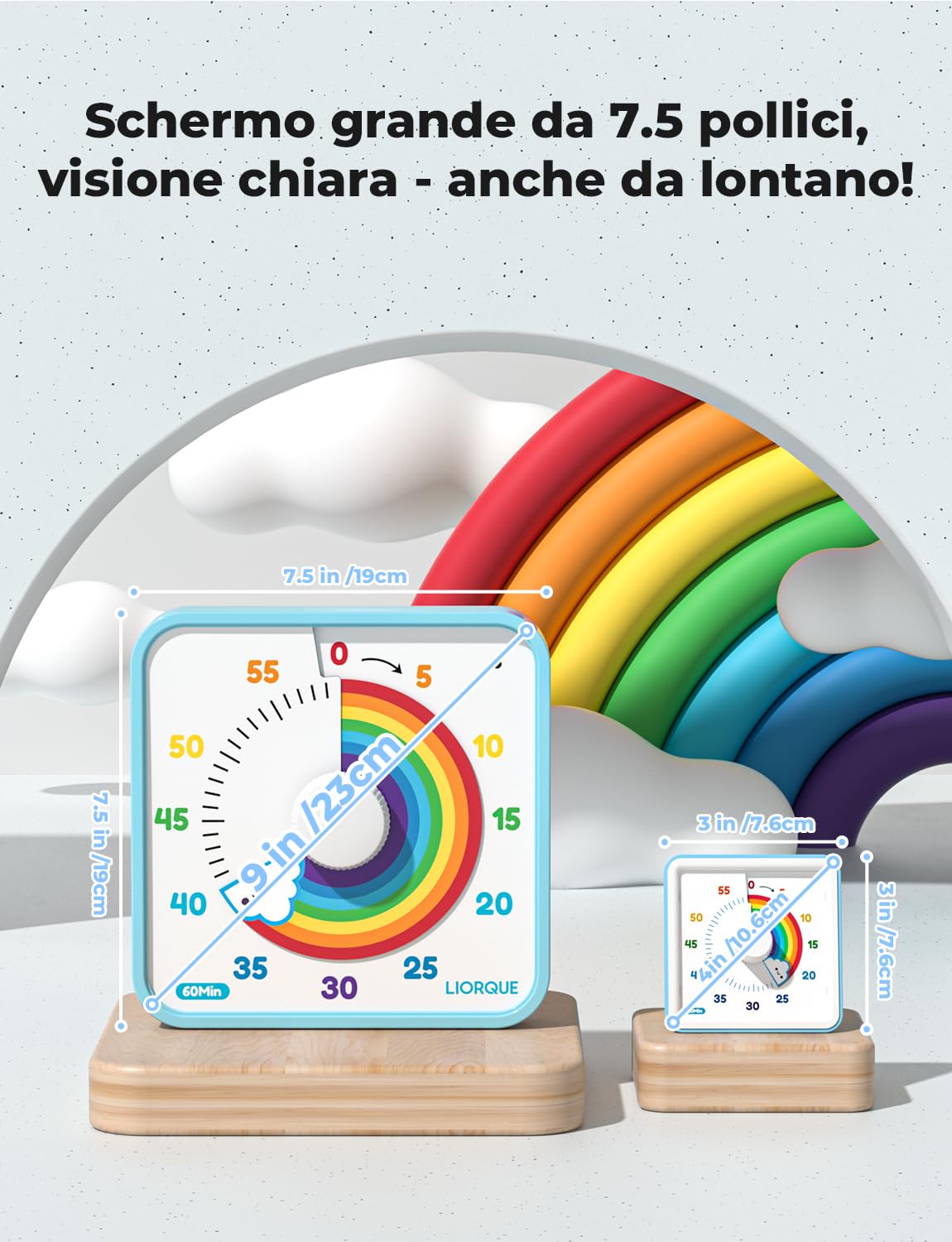 LIORQUE Timer Visivo da 19cm Timer per Aula Grande per Insegnanti, Timer per Bambini da 60 Minuti Senza Ticchettio con Retro Magnetico, 3 Livelli di Volume e Allarme Vibrante e Luminoso (Arcobaleno)