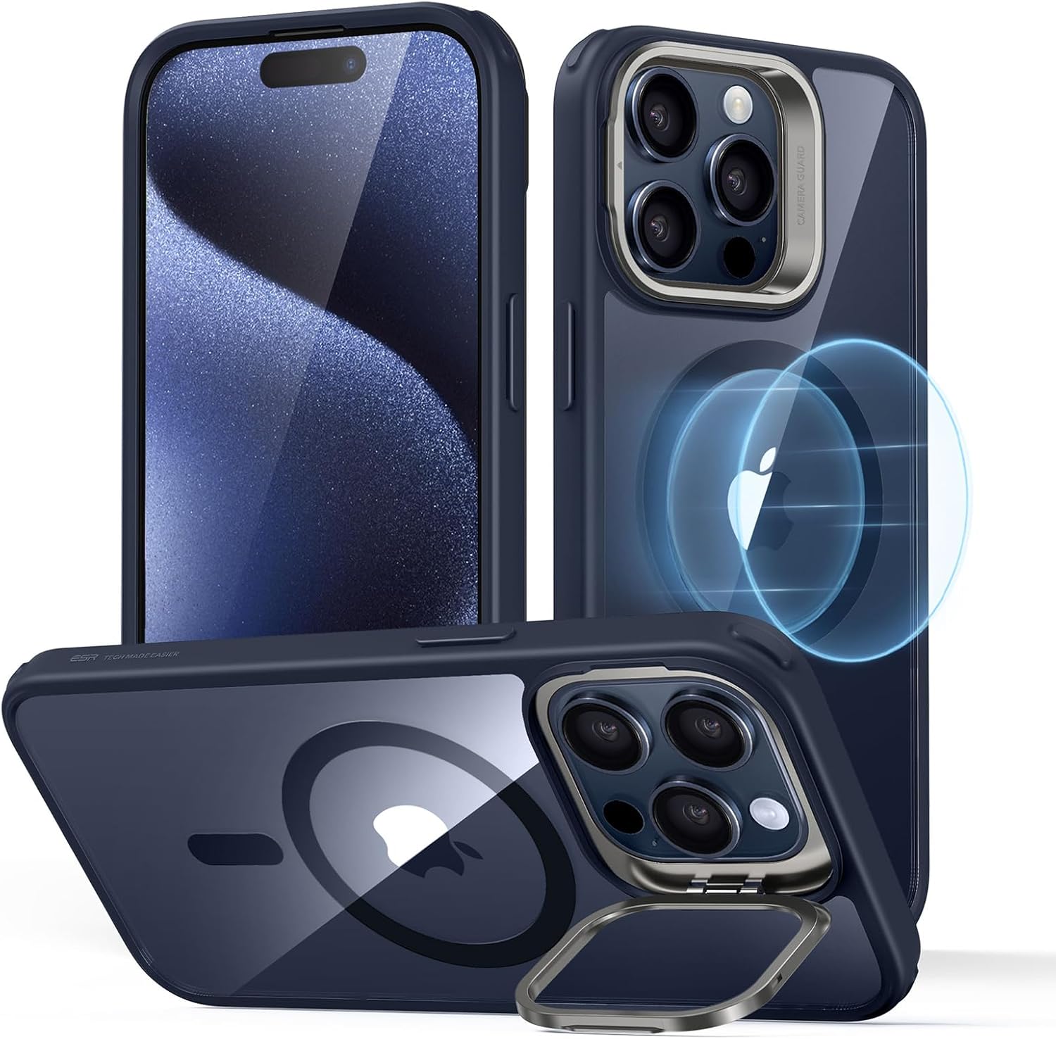 esr for iphone 15 pro max case, compatible with magsafe, military-grade protective case, built-in stash stand phone case, scratch-resistant back cover, classic series,clear dark blue 15 pro max case 6.7'' clear dark blue