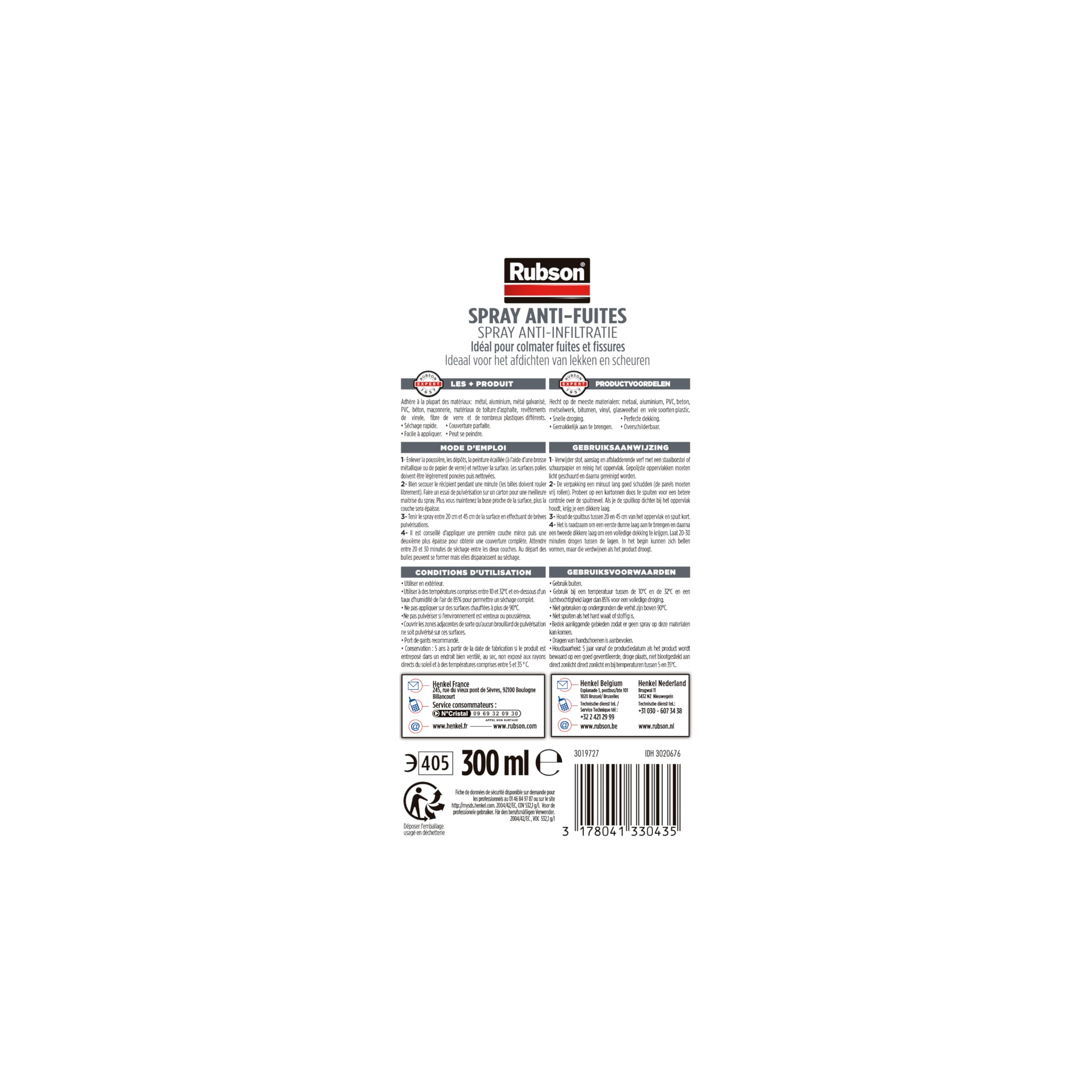 Rubson – Aquablock Revêtement d'Étanchéité en Spray Gris 300 ml, spray d'étanchéité pour colmater fuites et fissures, caoutchouc liquide pour réparations séchage rapide