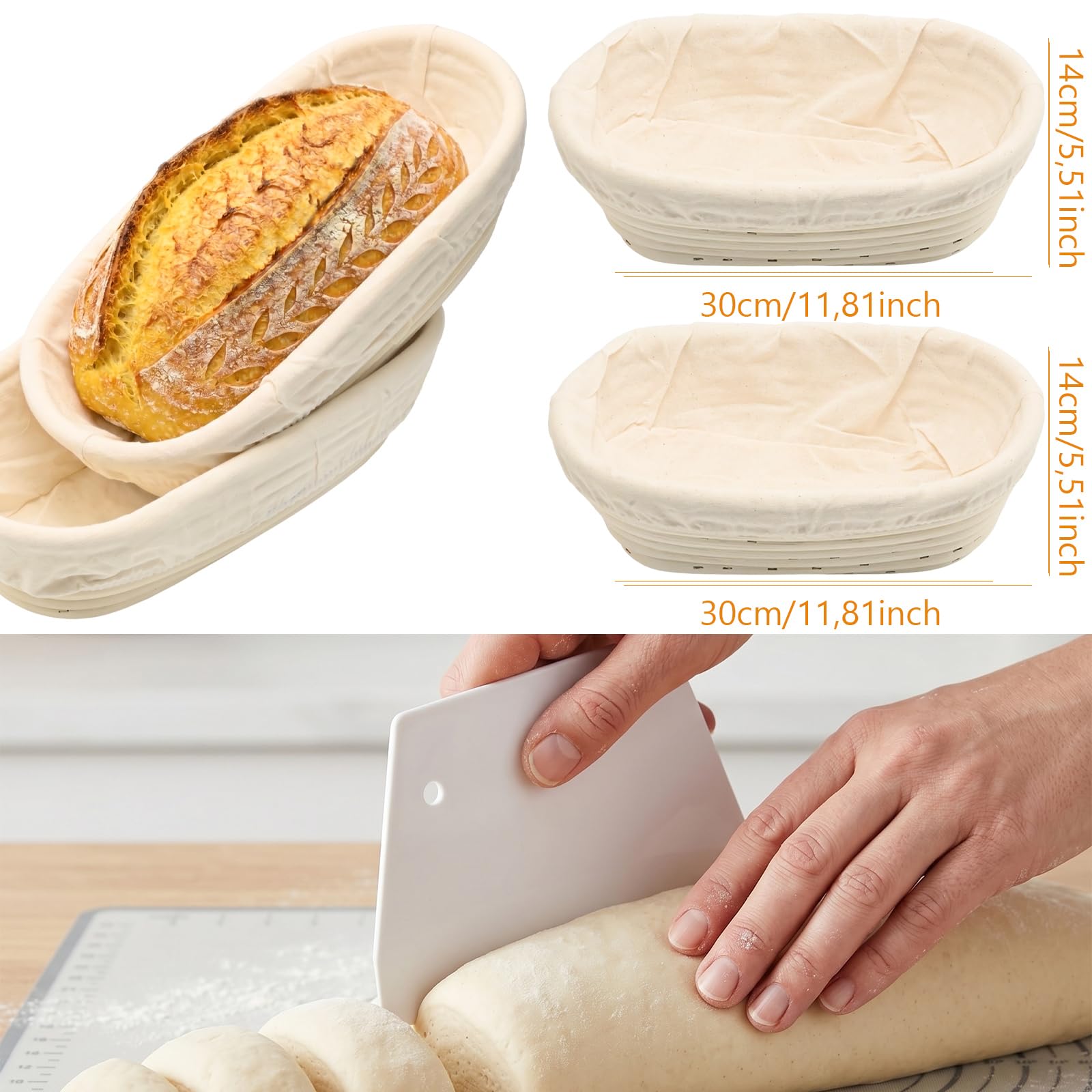 Lot de 2 paniers de fermentation ovales, 30 x 14 x 7 cm, paniers de fermentation en rotin naturel, fabriqués à la main, parfaits pour fermentation de la pâte pour les boulangers amateurs et