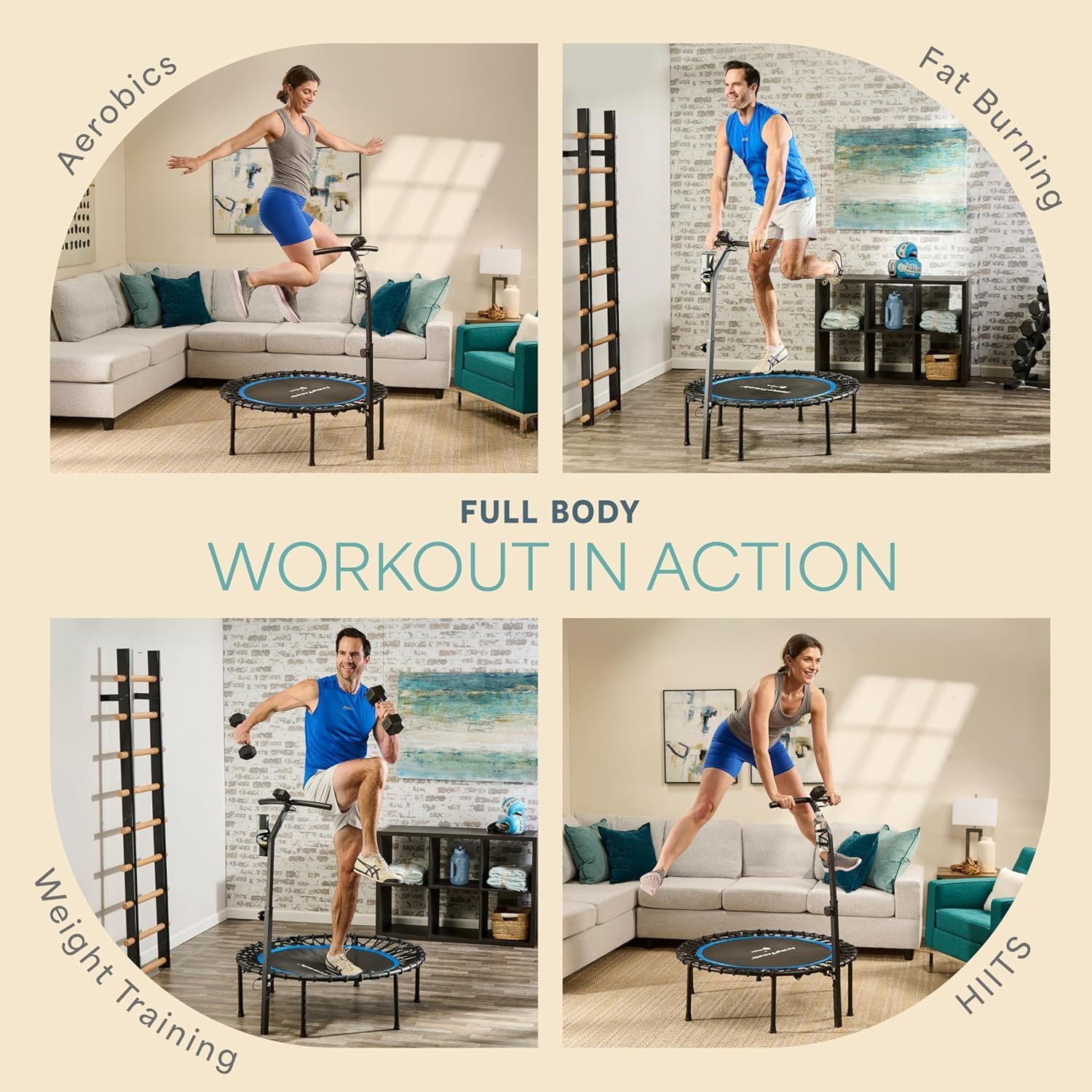 A collage of four images showing individuals performing different exercises on the LifePro JumpTrack trampoline, including aerobics, fat burning, weight training, and HIIT.