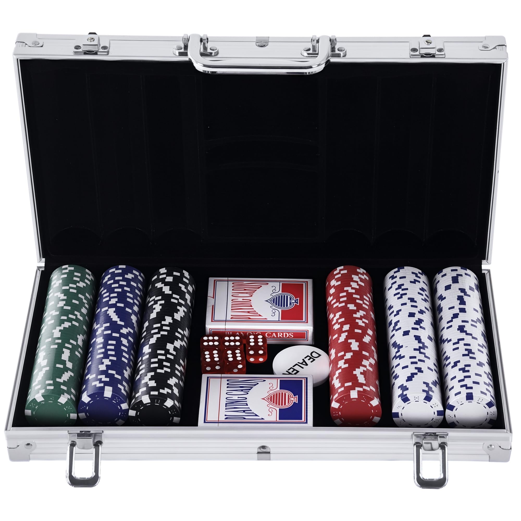 HOMCOM Maletín de Poker Profesional de Aluminio con 300 Fichas Juego Set de Poker Casino con 5 Dados 2 Barajas de Cartas y 1 Ficha de Crupier 38x20,5x6,5 cm Multicolor