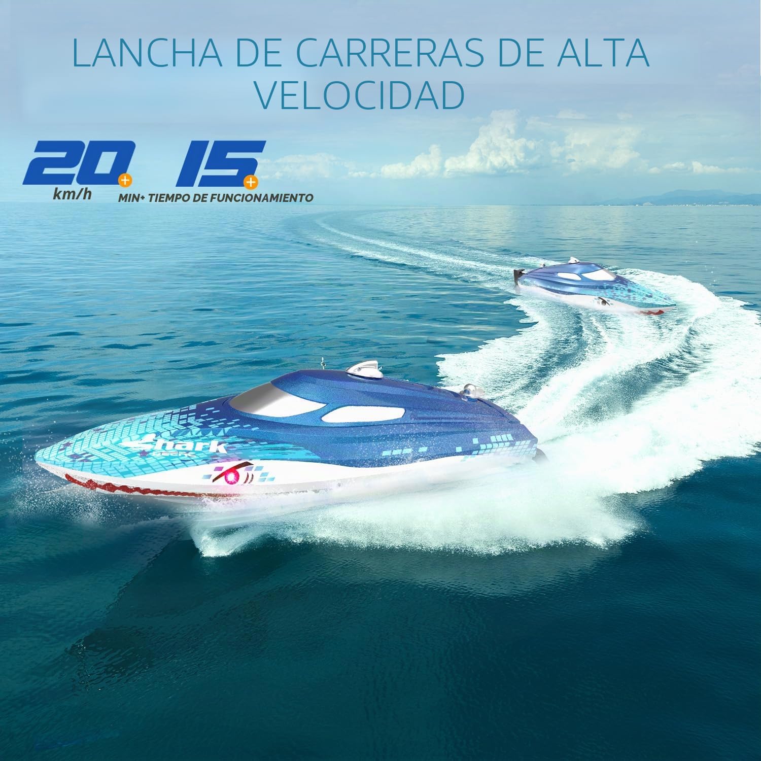 DEERC RC Boat con iluminación LED, barco tiburón teledirigido para piscinas y lagos, más de 20 km/h, barco de carreras de 2,4 GHz, juguete de piscina para niños a partir de 8 años