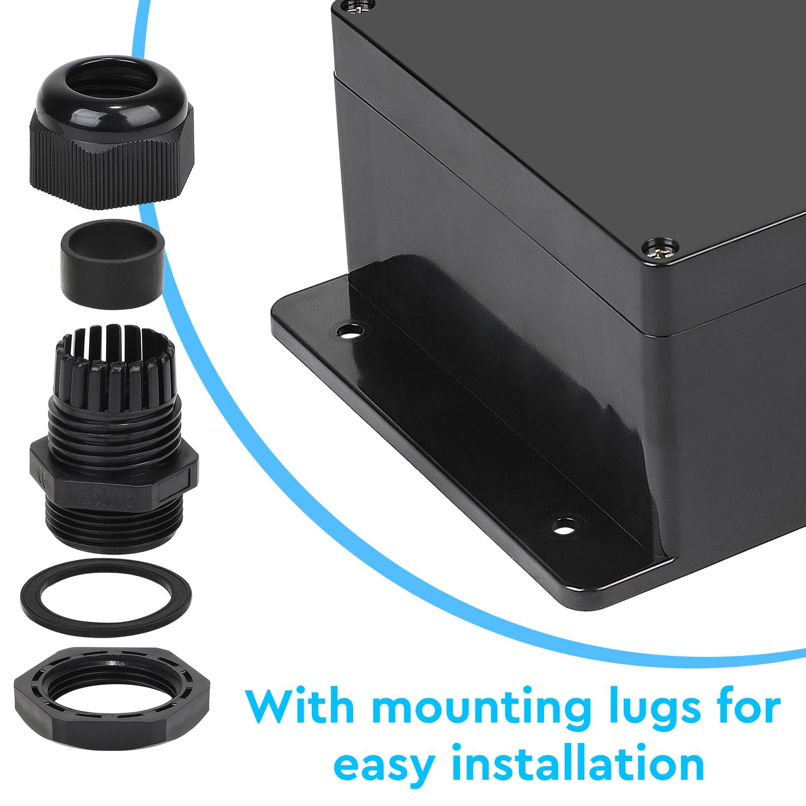 CPROSP Boîte de Dérivation Étanche Exterieur Noir, Boîte Carrée IP65, 230 x 150 x 85 mm, avec Passe Cable pour Ø6-12 mm avec Poignée de Retenue, avec Foret Métallique et Passe-Câbles