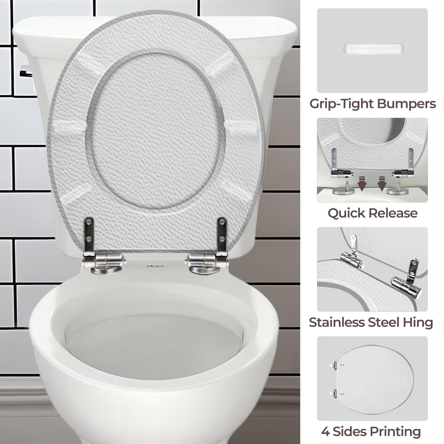 Asiento de inodoro redondo genérico de resina blanca, bisagras de liberación rápida para baño.
