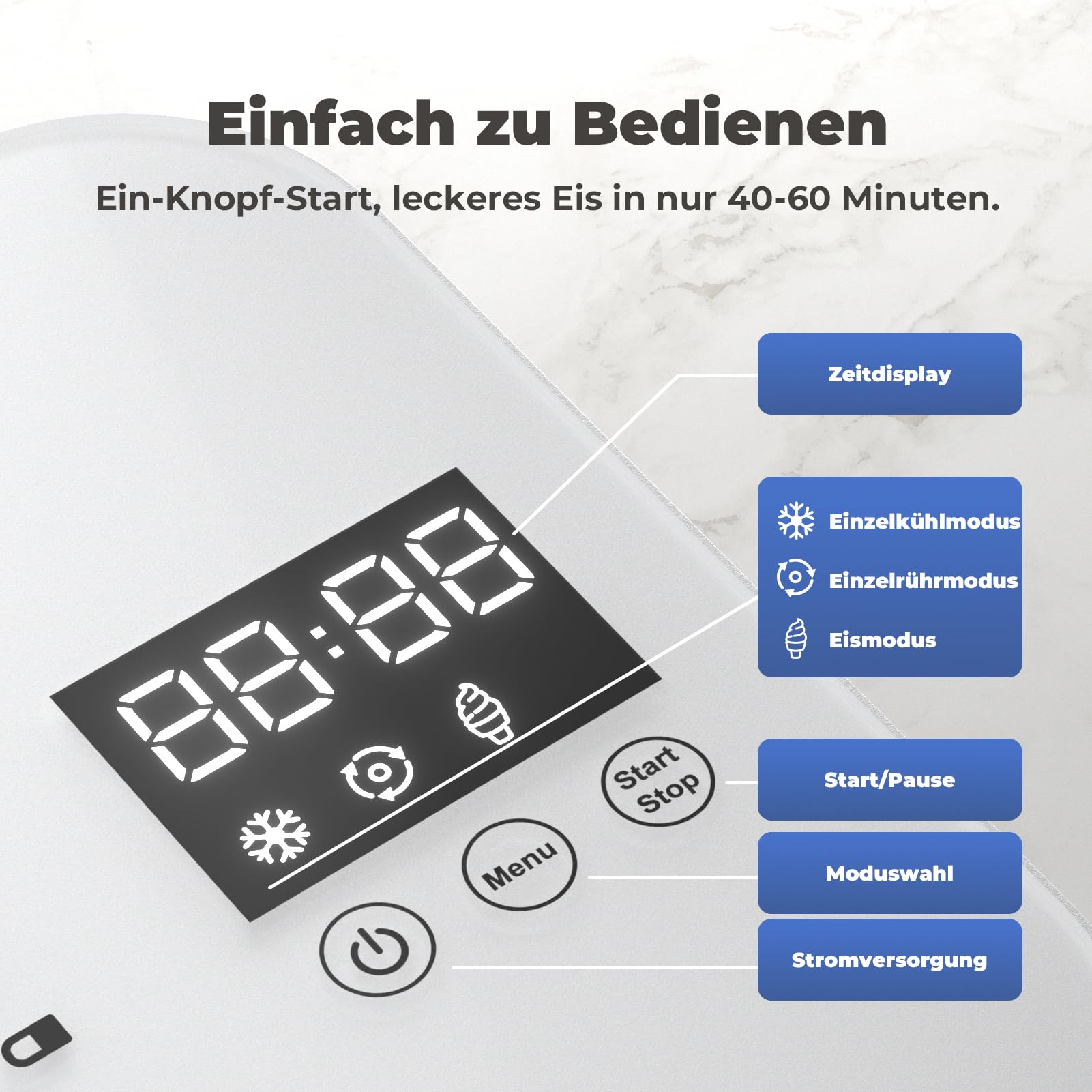 Eismaschine mit Kompressor 1L, Selbstkühlend, Entnehmbarer Eisbehälter, Weiß