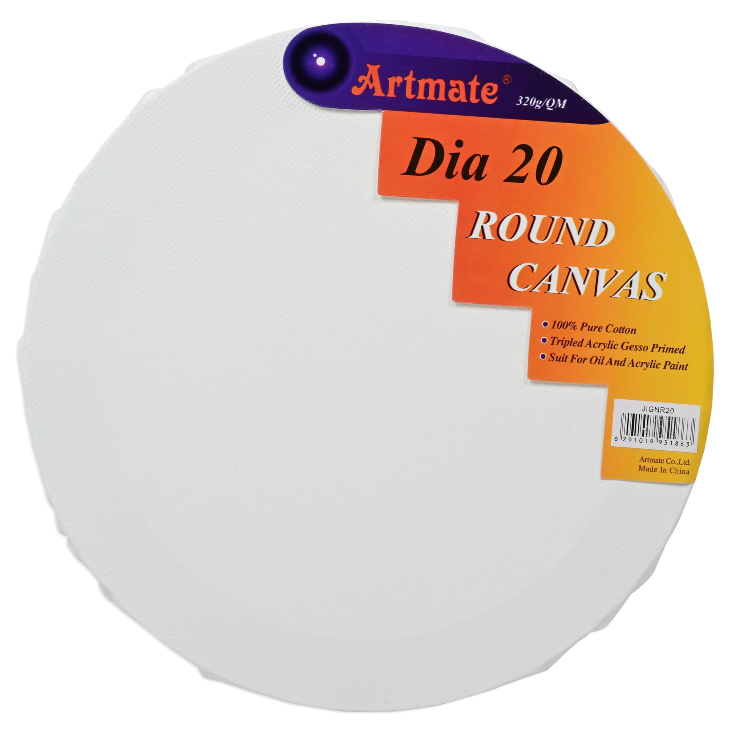 ARTMATE® Artist Canvas, Size 20 Diameter, 320gsm, Round Shape Canvas, Cotton Material, Solid Wood Frame Construction & Back Stapled, Tripled Acrylic Gesso Primed, White Color-JIGNR20