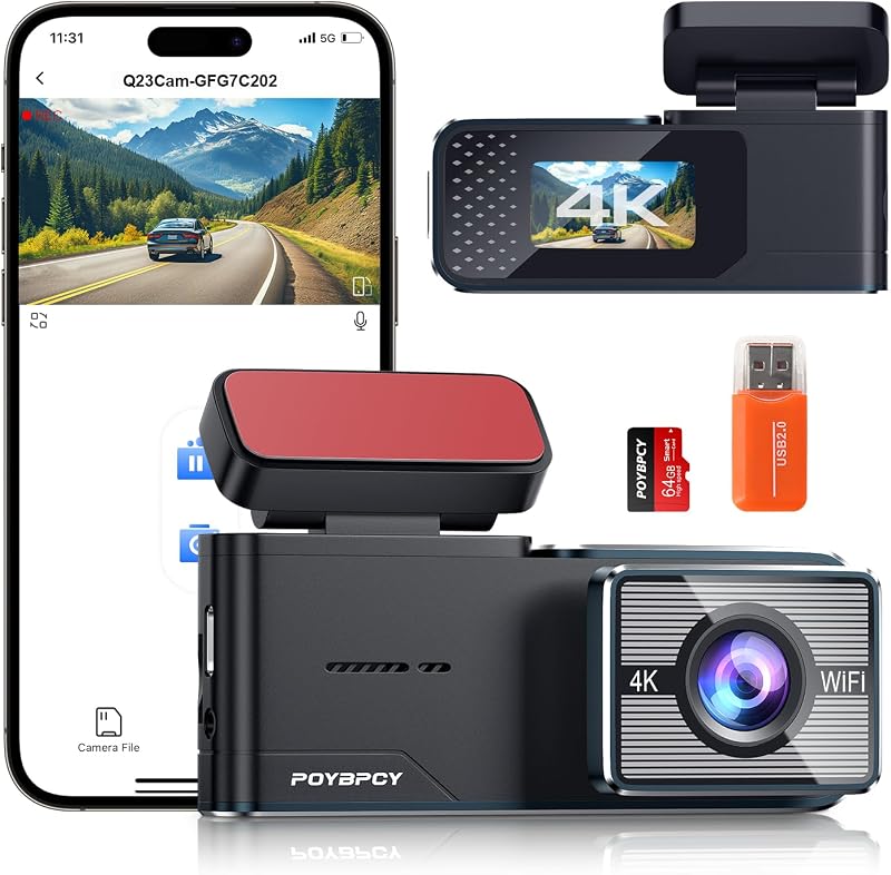 POYBPCY 4K UHD WiFi Autós Fedélzeti Kamera 64GB SD Kártyával, 170° Látószög, Éjjellátó, Mobilalkalmazás Vezérlés, G-szenzor, Parkolóőr Funkc