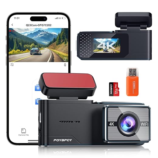 4K Car Dashcam, WiFi In-Car Camera with SD Card 64 G, App Control, 170° Wide Angle Dashcam, G-Sensor, Night Vision, WDR, Parking Mode, Loop Recording