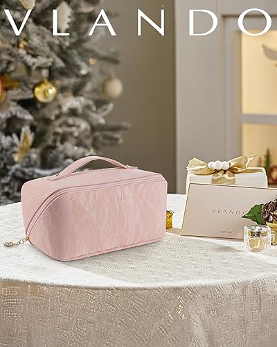 Miniatura 10 de Vlando Bolsa de cosméticos de viaje - Bolsa de maquillaje, bolsa de cosméticos impermeable de cuero PU, blanco albaricoque, Moda