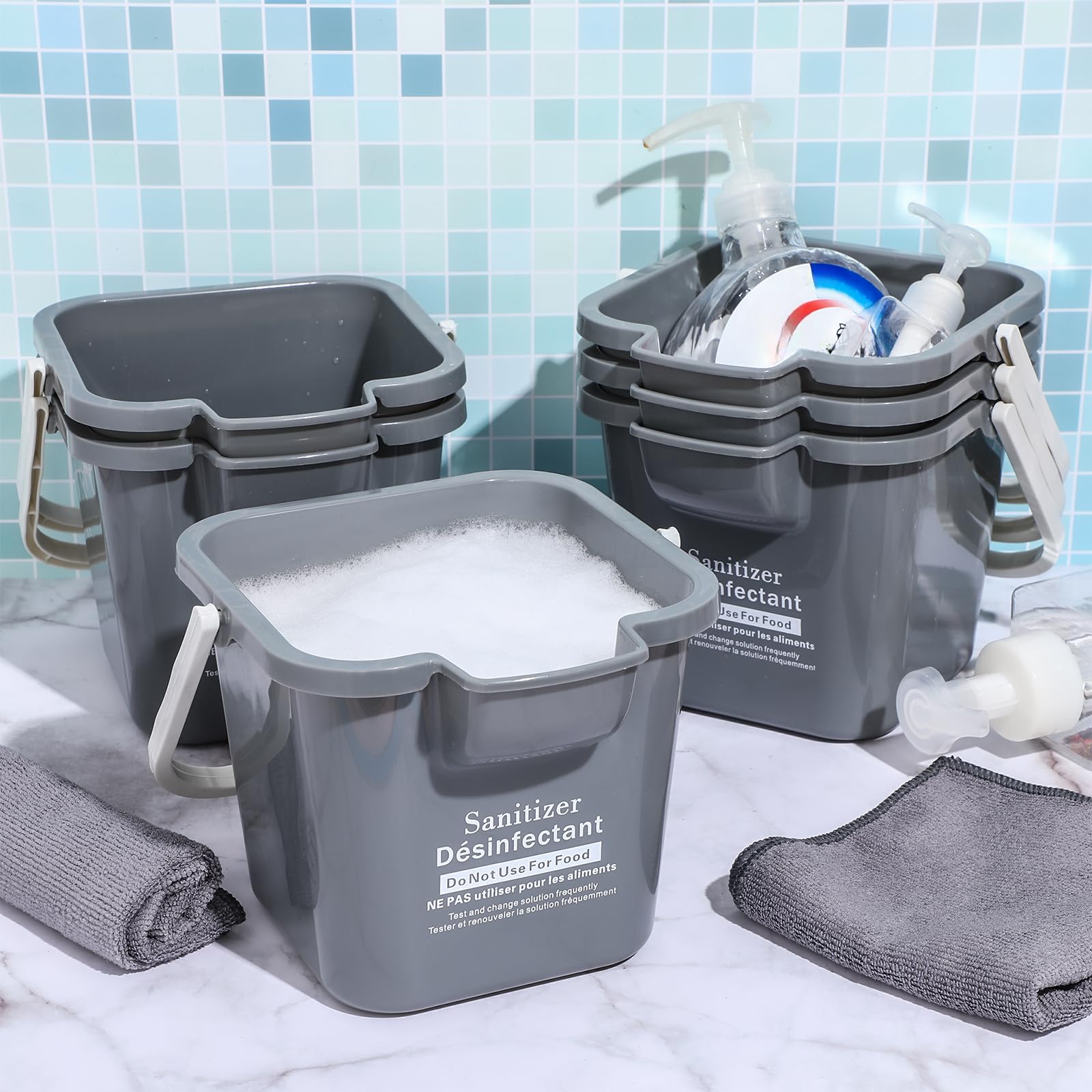 Vesici 6 juegos de cubos de limpieza de 3 cuartos con paños de limpieza de microfibra, cubo cuadrado desinfectante pequeño detergente de plástico con asa para uso doméstico, restaurante, oficina,