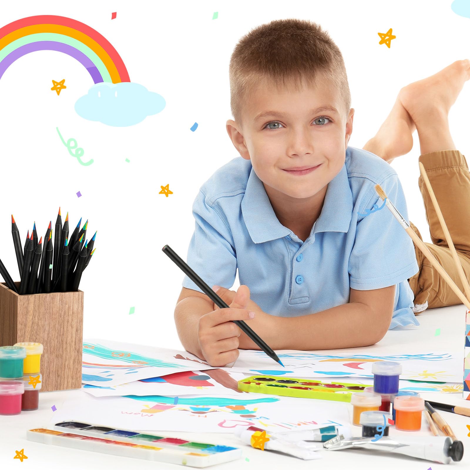 Teling Regenbogen-Bleistifte für Kinder, 7-in-1, schwarze Regenbogen-Bleistifte, Großpackung für Schule, Klassenzimmer, Kunstbedarf für Kinder und Erwachsene, Malen, Skizzieren, Zeichnen, 200 Stück
