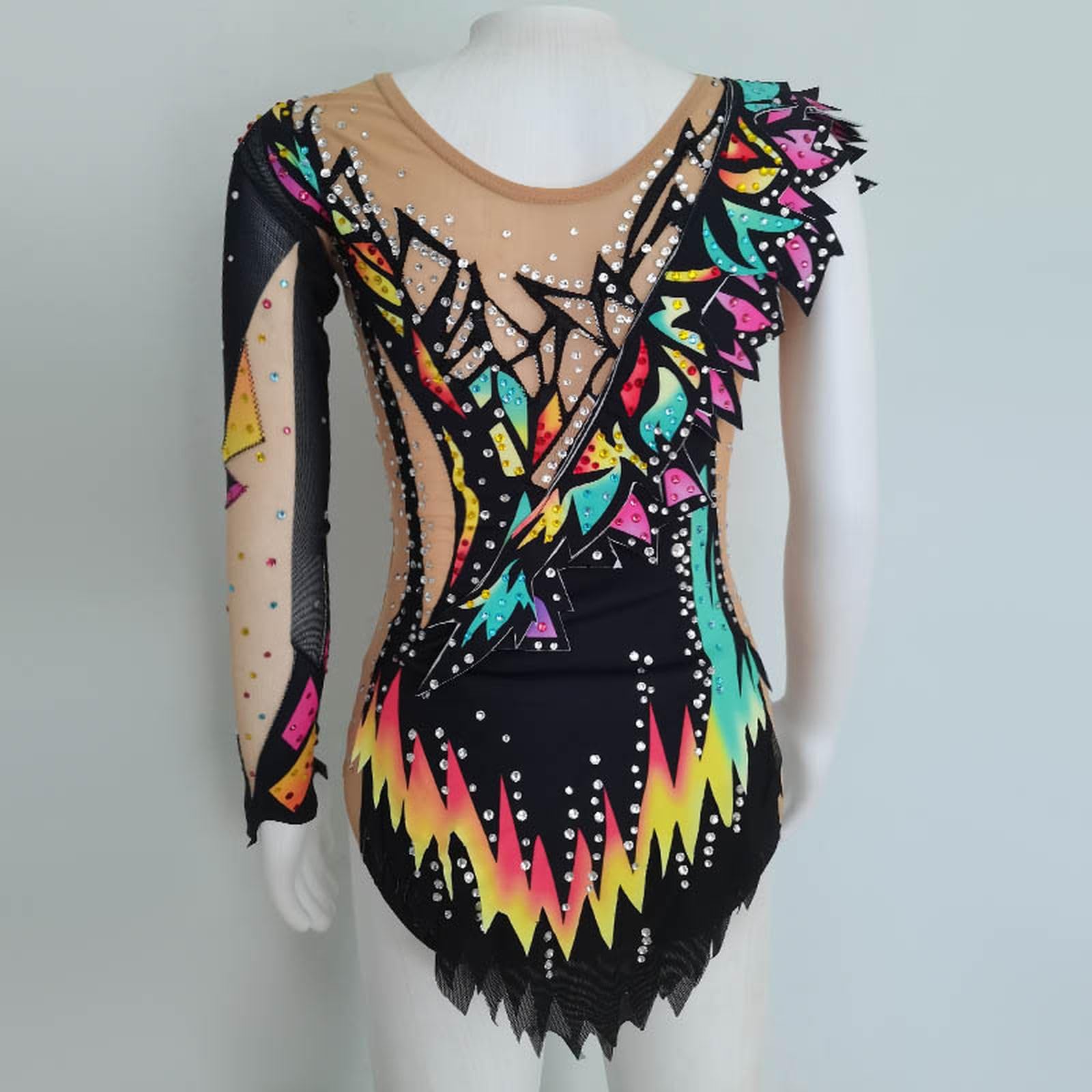 LIUHUO Maillot de gimnasia rítmica con estampado de color, mangas de malla negra, rendimiento de competición