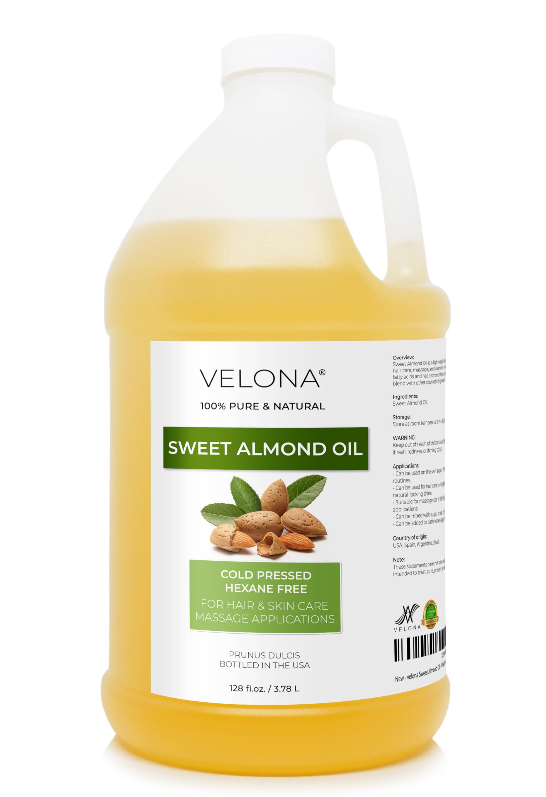 Velona Sweet Almond Oil - 1 Gallon, Cold Pressed Carrier Oil