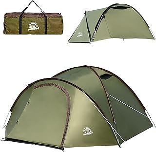 Campingzelt 3-4 Personen (doppelwandig) – leicht, stabil, wasserdicht | verdunkelter Innenraum, Moskitonetz, Fluoreszierende Abspannleine, verstärkte Heringe, Vorraum mit Bodenplane inkl. Tragetasche