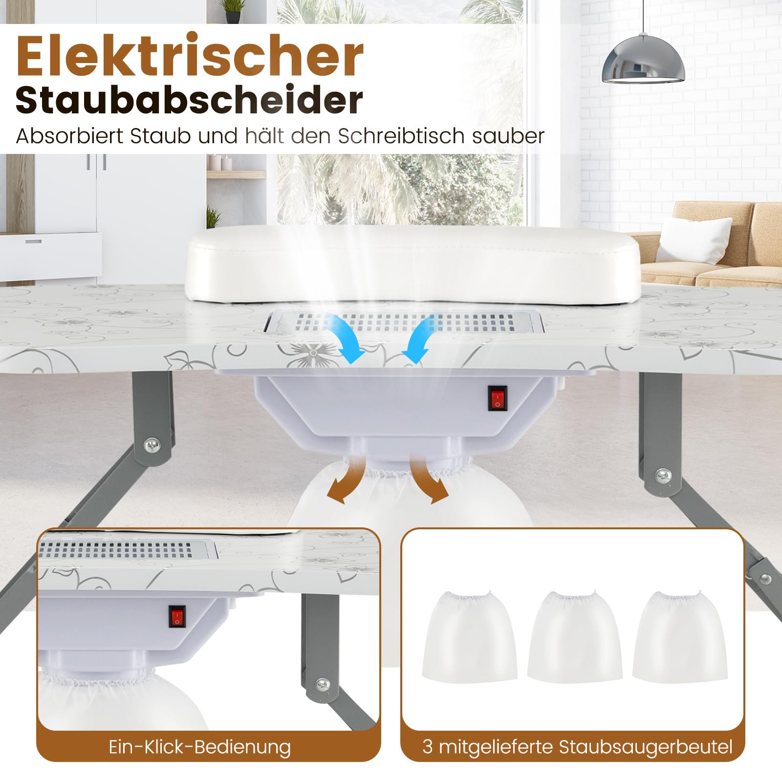 COSTWAY Maniküretisch klappbar, Nageltisch mit elektrischem Staubsammler, LED-Lampe, Handgelenkauflage, Tragetasche & Rollen, Maniküre Tisch Marmor Optik (Weiß)