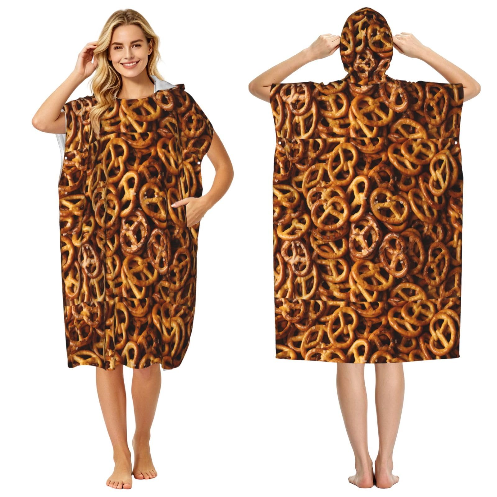 Poadnly Pretzels Bread Pattern, Adult Hooded Beach Towel 90 x 110 cm,Changing Bath Robe, Surf Poncho Towel For Women Men