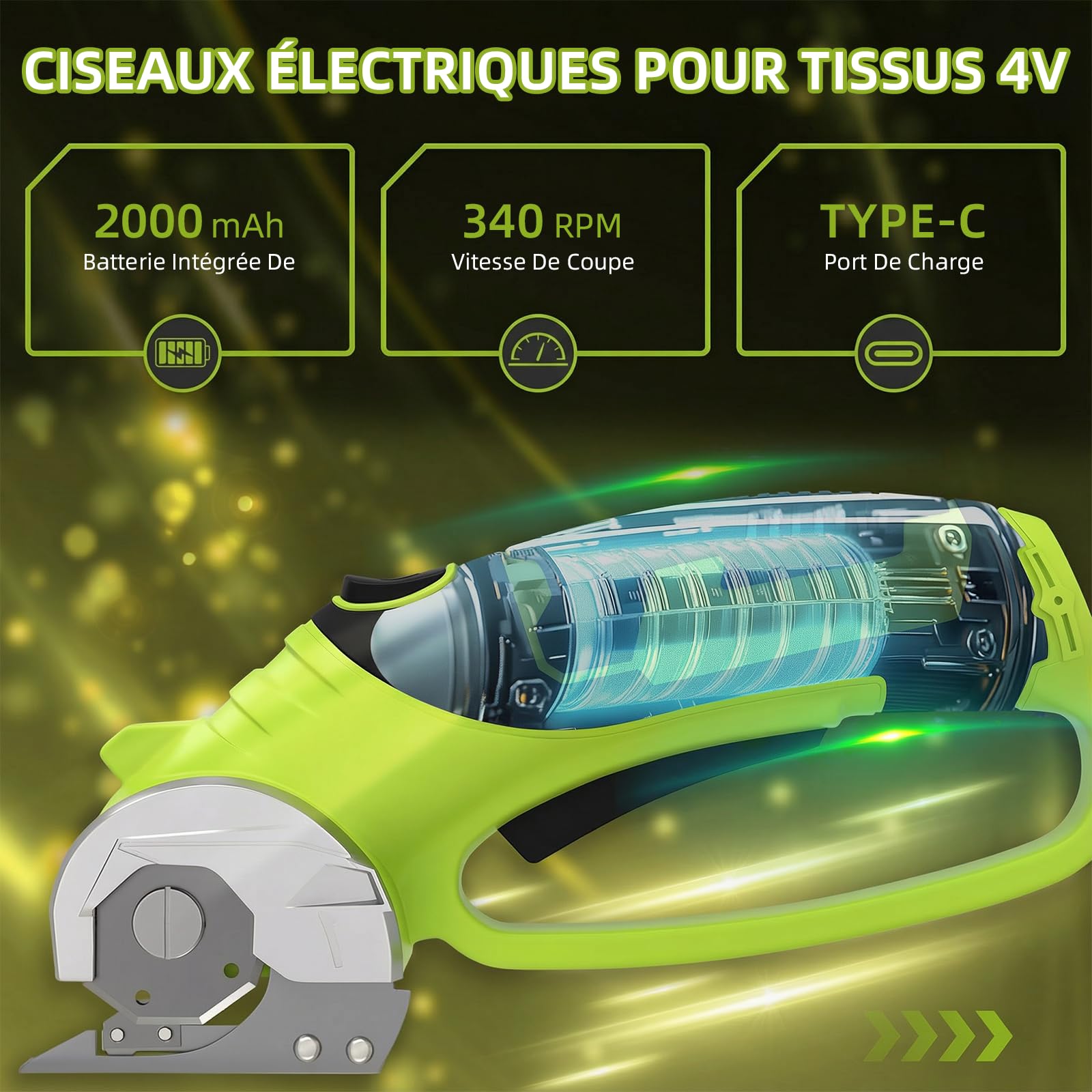 Ciseaux Électriques Sans Fil, Coupe-Boîte Électrique Rechargeable 4V pour Carton, Coupe-Carton Robuste pour Tissu, Cutter Rotatif avec Lumière LED pour Artisanat, Cuir, Plastique ou Tapis – Vert