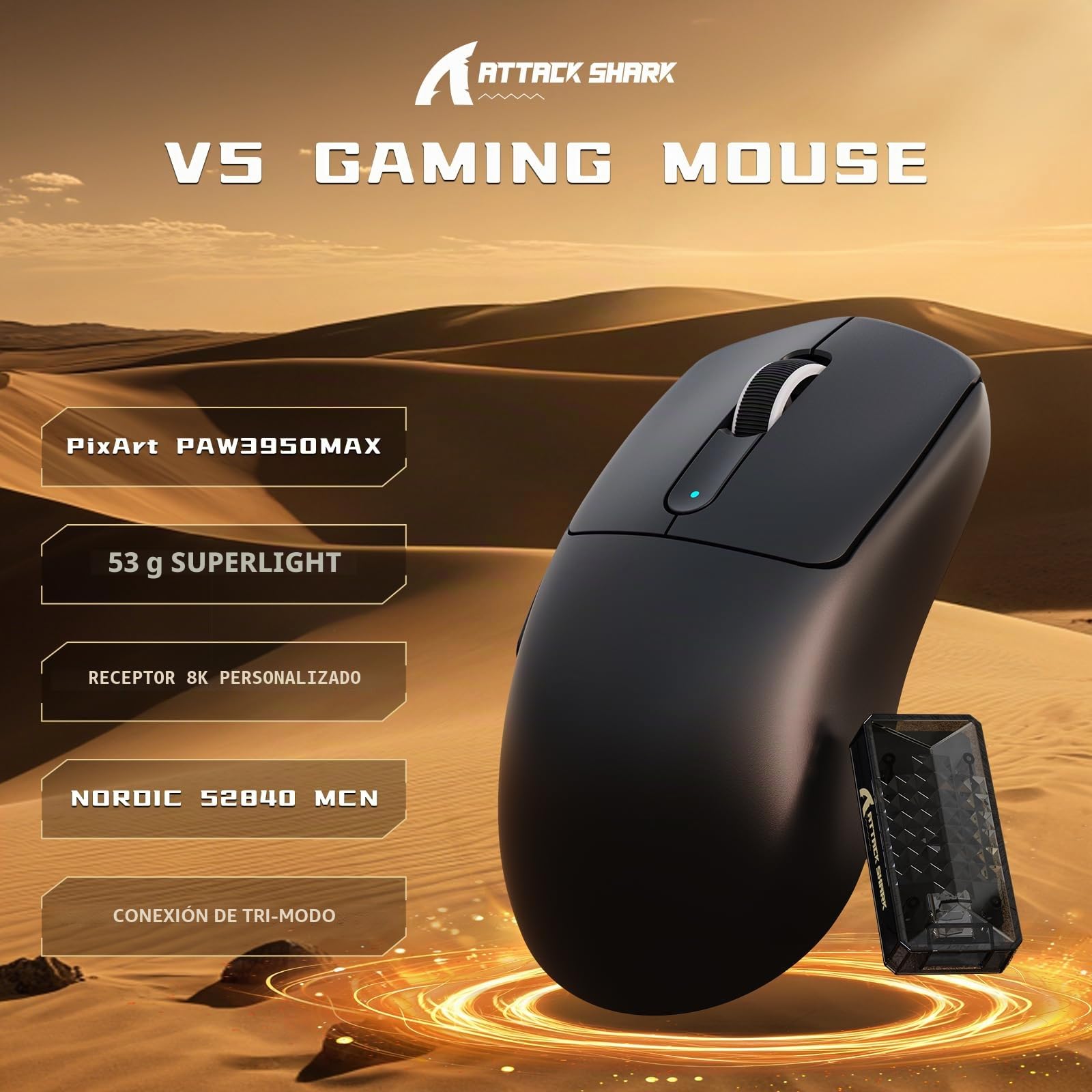 ATTACK SHARK V5 Ratón Inalámbrico para Juegos de 8KHz, 53G Superligero,Sensor PixArt PAW3950MAX, MCU Nordic 52840,Bluetooth/2.4 G/USB-C,Cable en Espiral, 42KDPI,Revestimiento Ice-Feel (Negro)