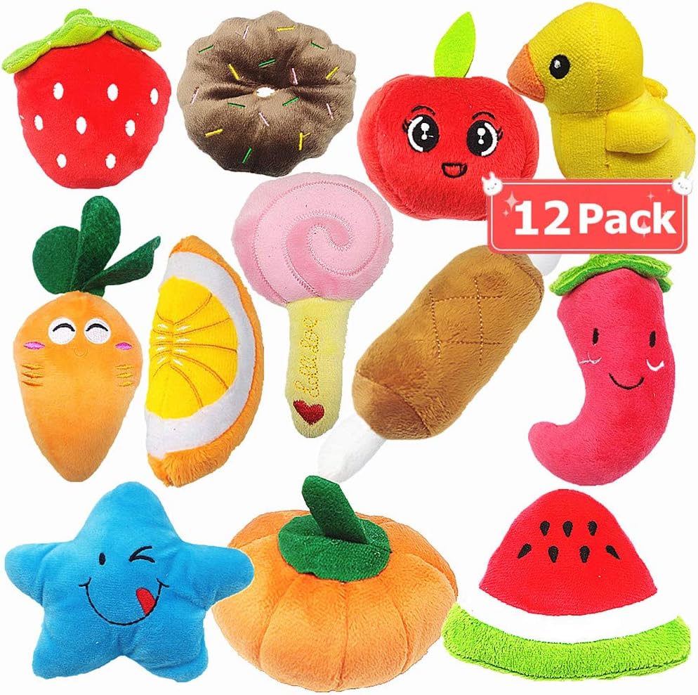 Gavoyeat Puppy Squeaky Toys Dogs Squeak Chew Plush Toy for Small Dog Puppy Cute Fruits & Vegetables Food 12 Pack