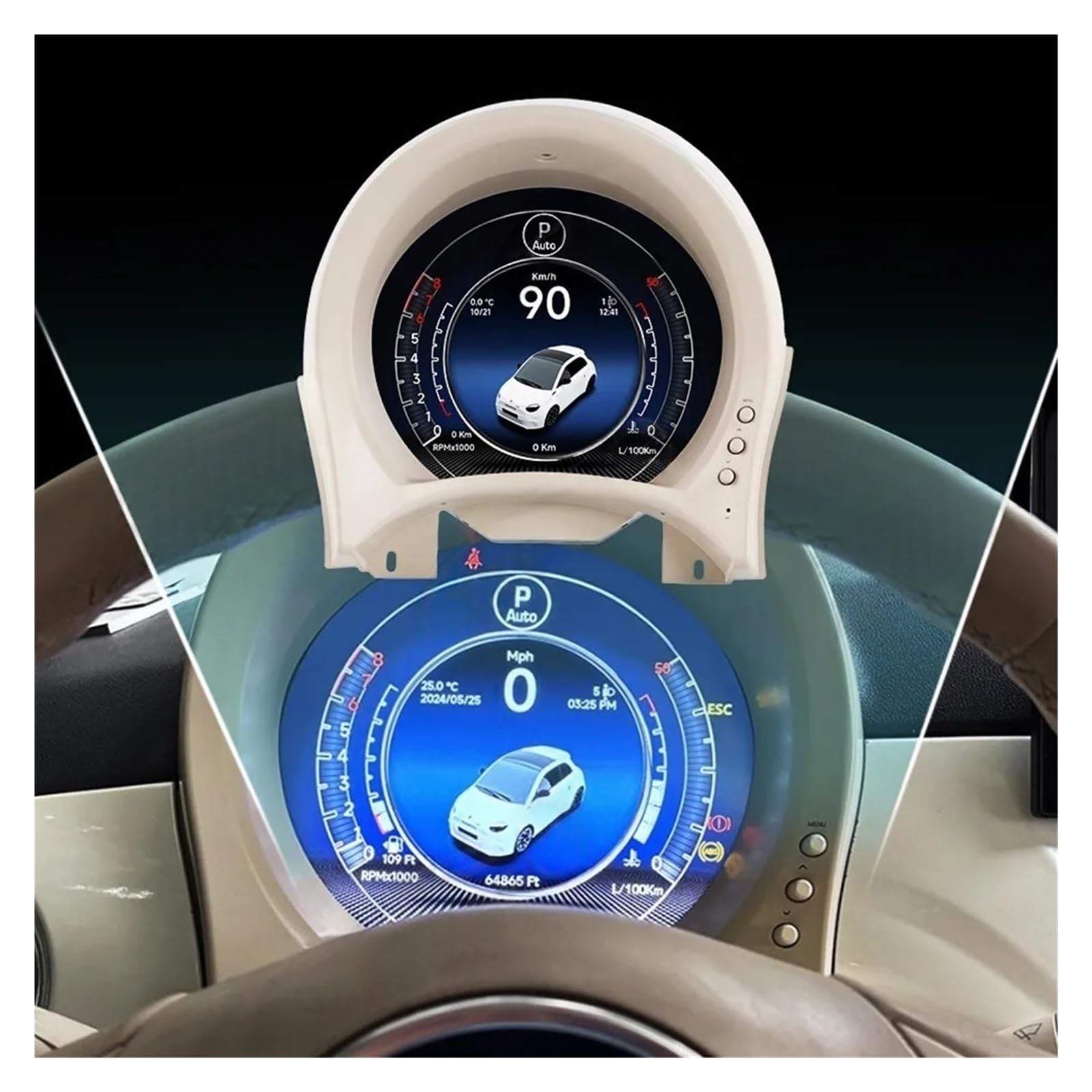 Tachimetro LCD da 7 pollici con schermo rotondo, compatibile con Fiat 500 2007-2024, strumento digitale for pannello di pilotaggio virtuale