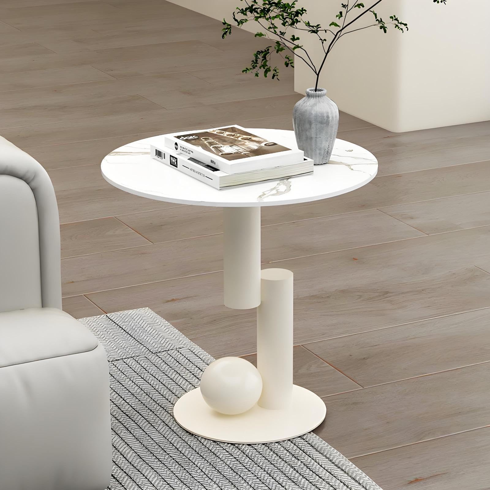 Mesa auxiliar de mármol blanco y metal redonda para salón sofá y mesita de noche dormitorio