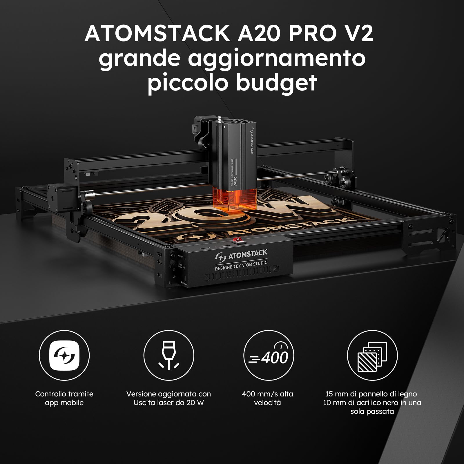ATOMSTACK SWIFT A20 PRO V2 20W Incisore Laser Area di Incisione: 410 × 380 mm Taglierina Laser Ad Alta Precisione Per Regali Personalizzati Legno Metallo Acrilico Pelle (SWIFT A20 PRO V2 20W Nero)