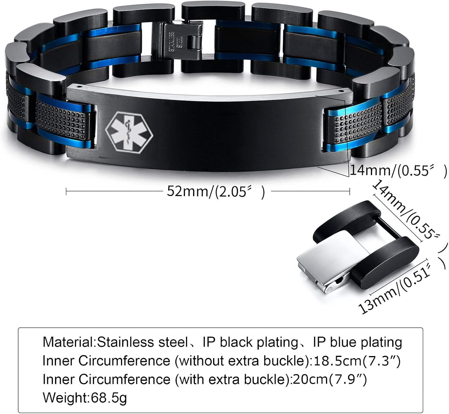 MEALGUET Personalized Free Engraving Men's 2-Tone Black Blue Masculine Stainless Steel Medical Alert ID Bracelet for Men