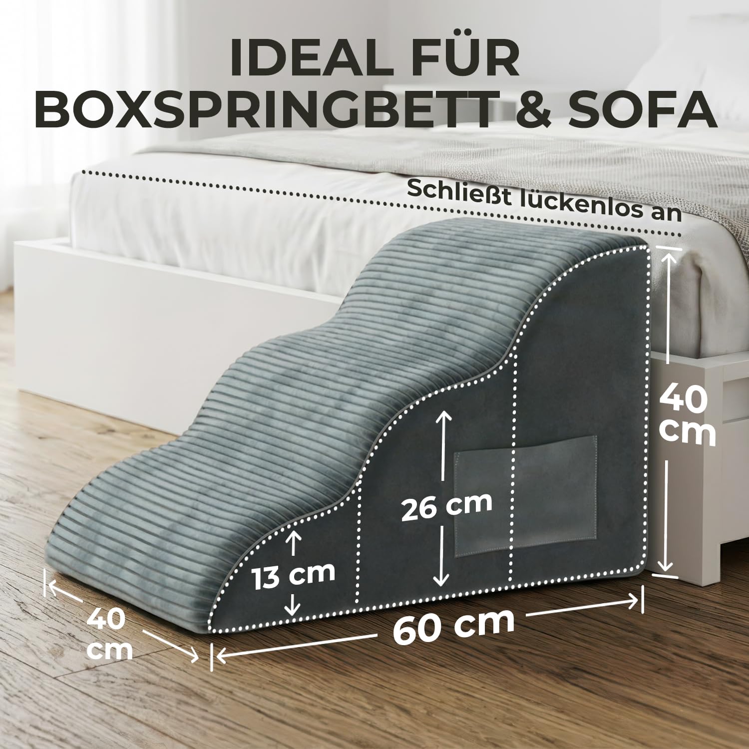 BEST JAJA Hundetreppe 3 Stufen mit Kanteneinfassung – formstabil und rutschfest, 40 cm hoch für Bett und Sofa, mit Seitentasche und Tragegriff – für kleine Hunde, Dackel und Katzen(Grau)