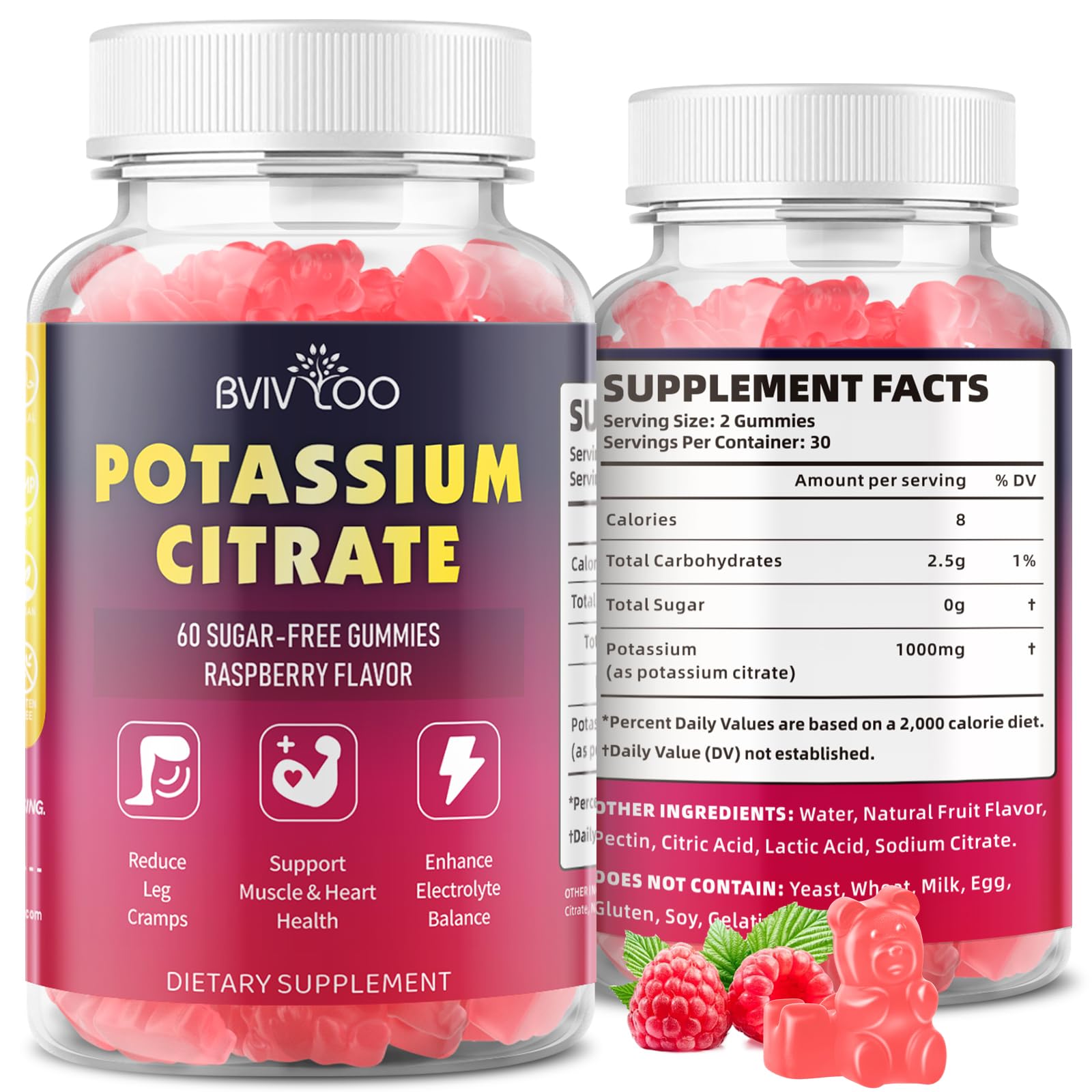 Potassium Citrate Gummies for Adults, Sugar-Free Potassium 1000mg Support Leg Cramps & Electrolyte Balance High Potency 60 Count 1pack