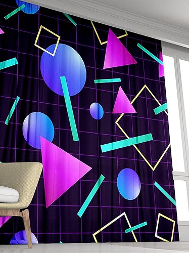 Miniatura 2 de Cortinas geométricas para ventana, estilo retro de los años 80, estilo retro de los años 80, para fiesta de neón, con bolsillo para barra, cortinas