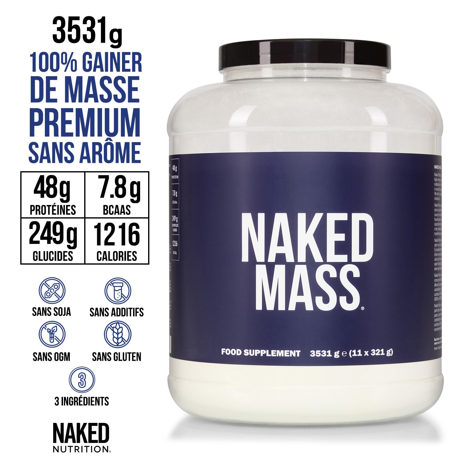 NAKED Mass – Poudre protéinée naturelle pour la prise de masse, sans arôme – 3531 g – Sans OGM, sans gluten, sans soja. Sans ingrédients artificiels – 1216 calories par portion