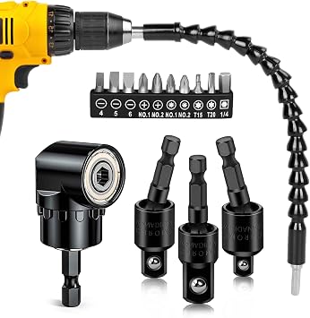 Flexible Drill Bit Extension Right Angle Drill Attachment Set, 360 Rotatable 1/4 3/8 1/2" Impact Grade Socket Adapter Set, Super Bit Shaft Extension Bits, Screwdriver Bit Set